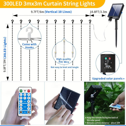 Solar Curtain Lights Outdoor 300 LED Waterfall Fairy String Lights with 8 Modes Remote Control USB Rechargeable Dimmable Timer for Christmas Gazebo Party Wedding Window Decor