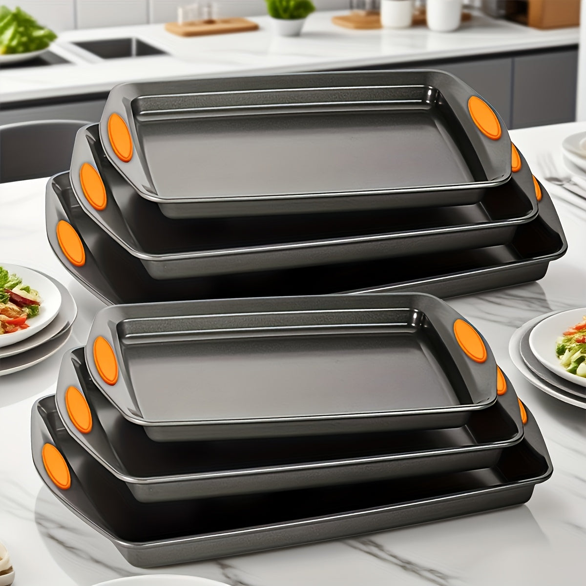 2/6pcs Non-Stick Baking Sheet Set, Assorted Size Cookie Trays with Orange & Blue Silicone Handles, In Gray, Black & Golden, Stackable Bakeware for Baking & Roasting