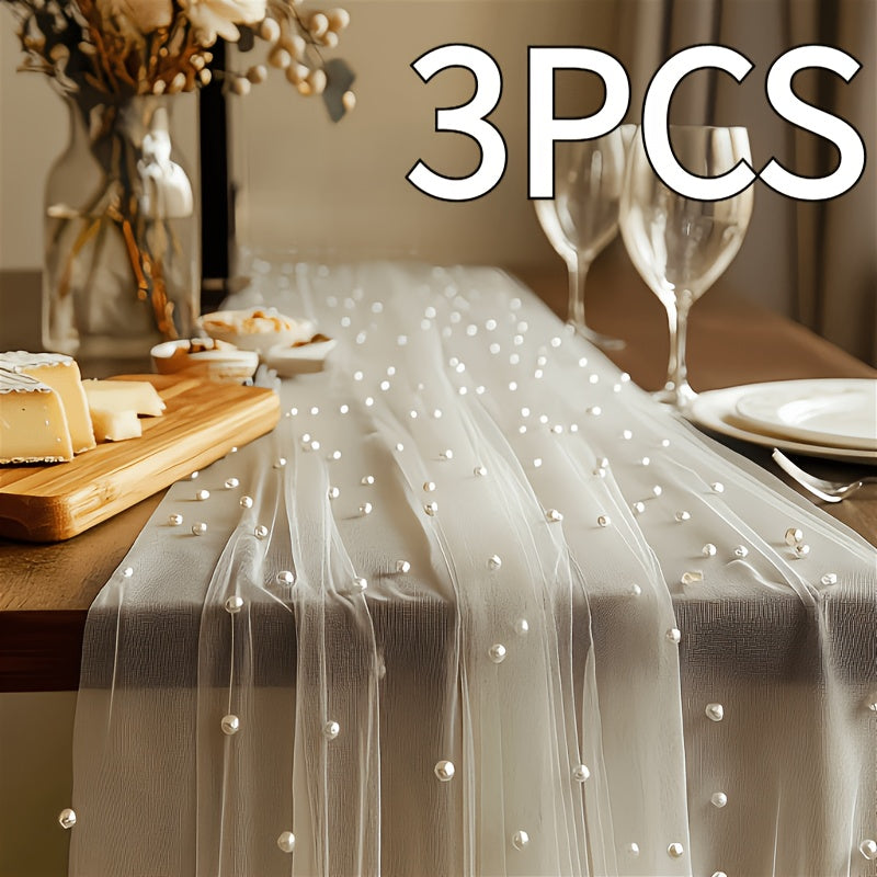 3pcs White Pearl Beaded Tulle | Suitable for Table Runners, Ceremony Backgrounds, Home and Room Decor, Birthday Party and Valentine'S Day Decorations, Romantic Atmosphere, Size 76*300cm/2.5*9.8ft, Polyester Material