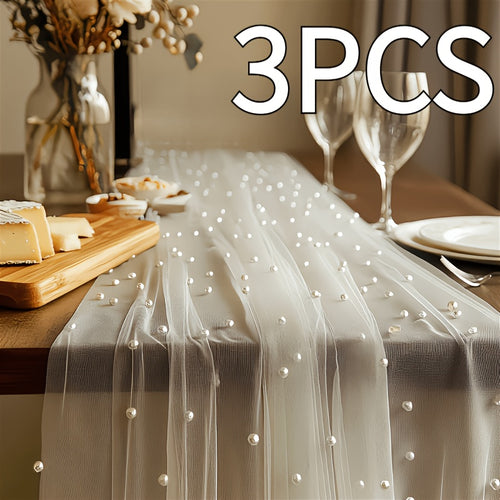 3pcs White Pearl Beaded Tulle | Suitable for Table Runners, Ceremony Backgrounds, Home and Room Decor, Birthday Party and Valentine'S Day Decorations, Romantic Atmosphere, Size 76*300cm/2.5*9.8ft, Polyester Material