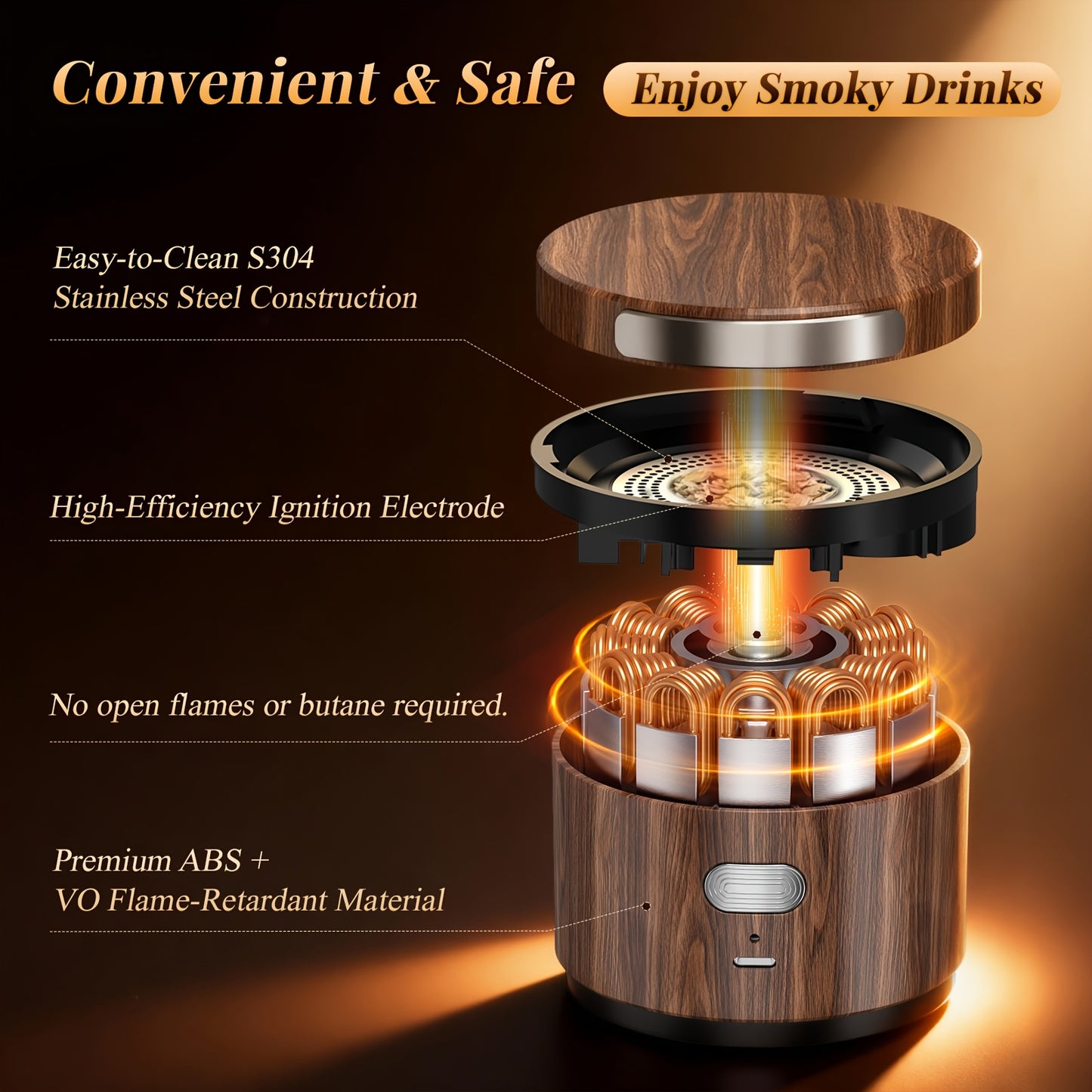 Electric Whiskey & Cocktail Smoker Kit with Built-In Lighter & 6 Wood Chips - - Portable Smoker, No Butane Required, for Whiskey Tumblers/Wine Glasses - Ideal Gift for Men, Dad, Husband (-Rechargeable, Flame-Free