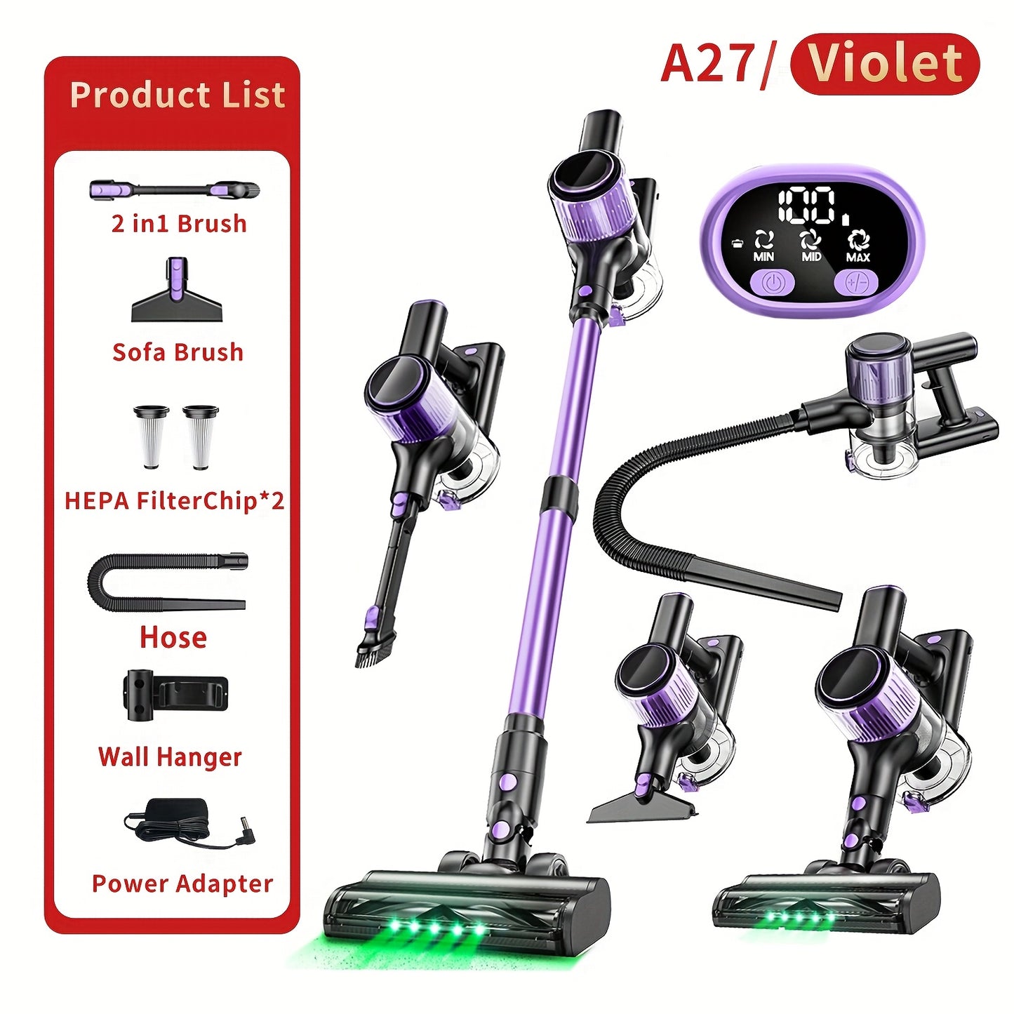 Cordless Vacuum Cleaner, 45KPA Powerful Cordless Vacuum Cleaner, Upgraded Green Light & Anti-Tangle FloorBrush, 8-in-1 Vacuum Cleaners for Home, Lightweight Powerful Stick Vacuum Cleaner, for Carpet, Pet Hair, Tile, Hardwood Floor
