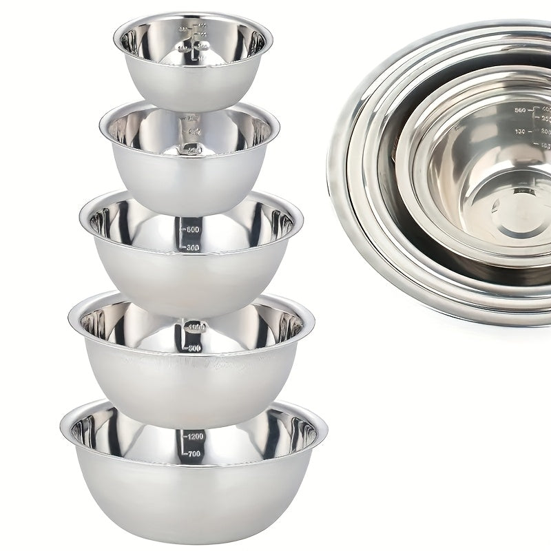 5pcs Stainless Steel Mixing Bowl Set with Measurement Markings Ideal for Cooking, Baking, And Meal Prep. Versatile Household Kitchen Bowls Perfect for Food Preparation, Vegetable Washing, Fruit Serving, Noodle Mixing, And More. Essential