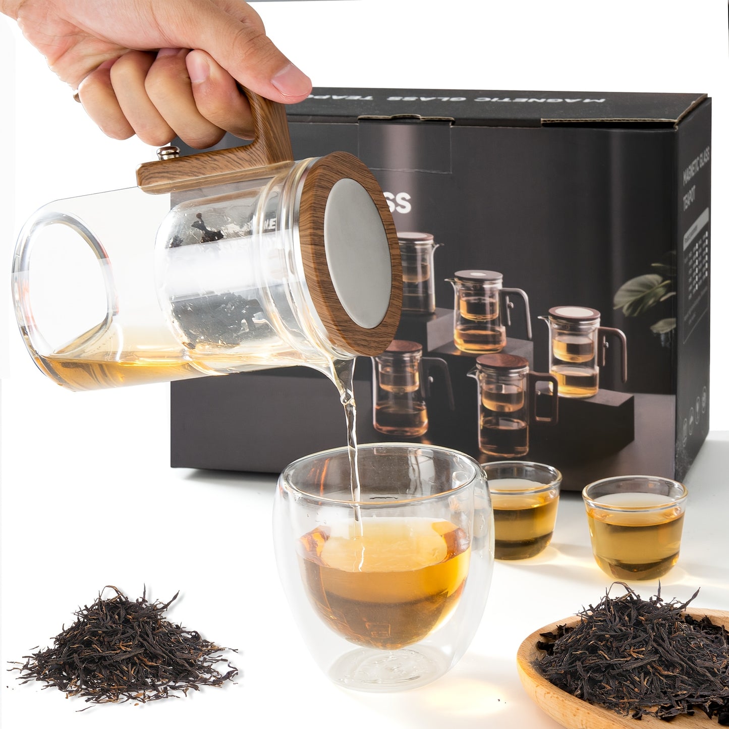 20.29oz/27.05oz Glass Teapot One-Button Filter Tea Kettle Water Separation Glass Tea Pot with Infuse And Wooden Handle for Blooming Tea & Loose Leaf Tea White Elephant Gift Christmas Gifts Stocking Stuffers for Men Women Adults Teens Womens