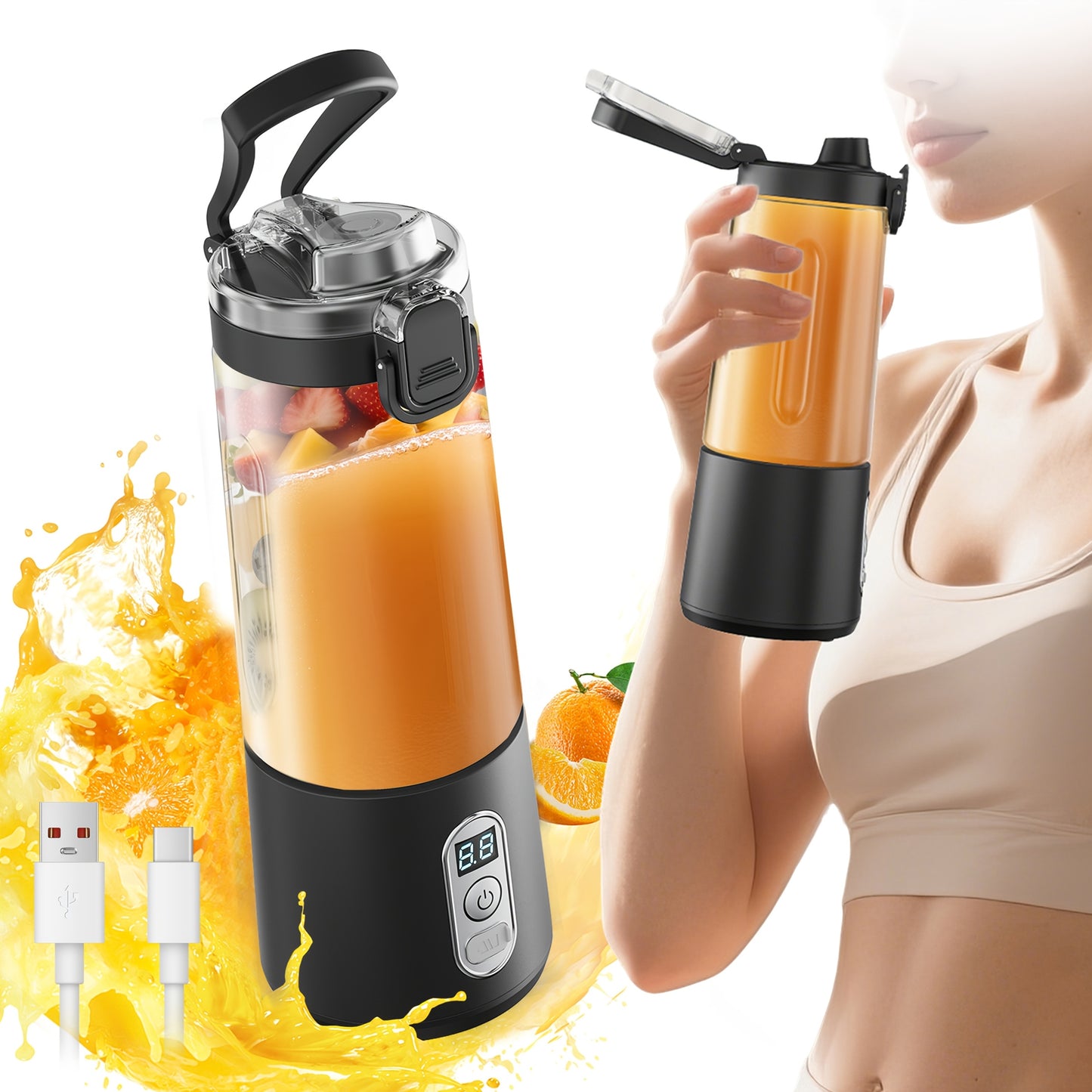 LALAYUAN USB-Powered Juicer & Juicer with Digital Timer, Battery Left Display, High-Speed Ice Crush, USB-C Fast Charge, One-Tap NO-Spill Lid, 6-Blade Stainless Steel - Smoothie Blender Portable, Protein Shakes, Gym, Travel Smoothie Maker