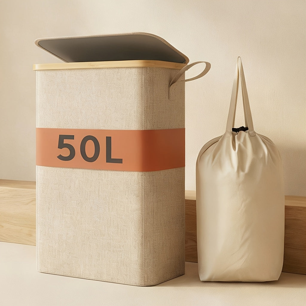 Slim Laundry Hamper With Lid, Narrow Laundry Basket With Removable Bag & Bamboo Handles, Fodable Thin Dirty Clothes Hamper, Laundry Collapsible Bin For Bathroom Bedroom Dorm, Room Decor, Storage And Organization, 13.21gal/17.17gal/19.81gal, Laundry Hamper