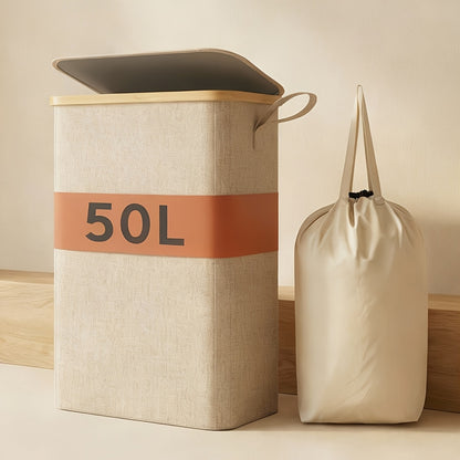 Slim Laundry Hamper With Lid, Narrow Laundry Basket With Removable Bag & Bamboo Handles, Fodable Thin Dirty Clothes Hamper, Laundry Collapsible Bin For Bathroom Bedroom Dorm, Room Decor, Storage And Organization, 13.21gal/17.17gal/19.81gal, Laundry Hamper
