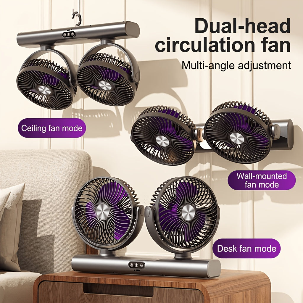 Double Head Air Circulation Fan USB Rechargeable | Desktop & Wall-Mounted 3-Speed Dual-Head Fan with Atmosphere Night Light, Multi-Angle Airflow for Camping, Home & Office – Grey & White