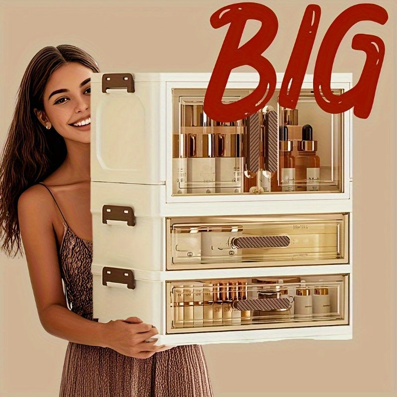 Three/ Four Floors Foldable Large Capacity Cosmetic Storage Cabinet with Transparent Drawers Stackable Plastic Organizer for Makeup, Skincare, Documents, And Books, Retro Style White Golden Design, Home Organization Elegant Aesthetic, Girl Gift