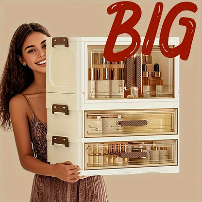 Three/ Four Floors Foldable Large Capacity Cosmetic Storage Cabinet with Transparent Drawers Stackable Plastic Organizer for Makeup, Skincare, Documents, And Books, Retro Style White Golden Design, Home Organization Elegant Aesthetic, Girl Gift
