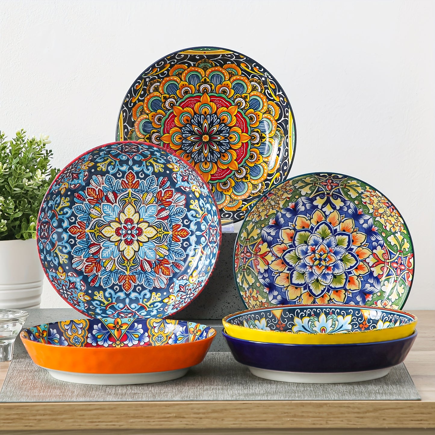 32 Oz Porcelain Bohemian Style Pasta Bowls | Set Of 6, Flower Pattern, Round Shape, Microwave Safe, Brand: VANCASSO