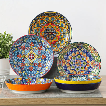 32 Oz Porcelain Bohemian Style Pasta Bowls | Set Of 6, Flower Pattern, Round Shape, Microwave Safe, Brand: VANCASSO
