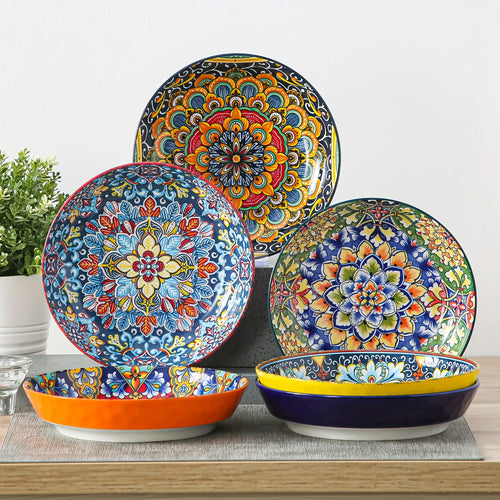 32 Oz Porcelain Bohemian Style Pasta Bowls | Set Of 6, Flower Pattern, Round Shape, Microwave Safe, Brand: VANCASSO