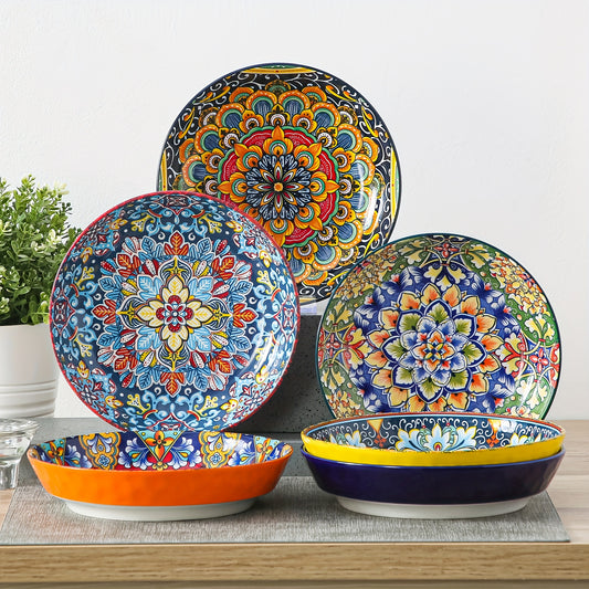 32 Oz Porcelain Bohemian Style Pasta Bowls | Set Of 6, Flower Pattern, Round Shape, Microwave Safe, Brand: VANCASSO