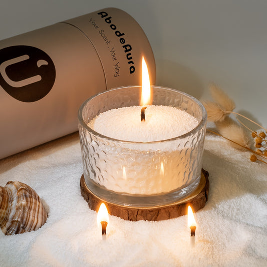 Abodeaura Pearl Candle 18 Oz - Unscented Refillable Sand Candle with 30 Wicks - Long Burning Scented Candle with Free Selected Glass Container