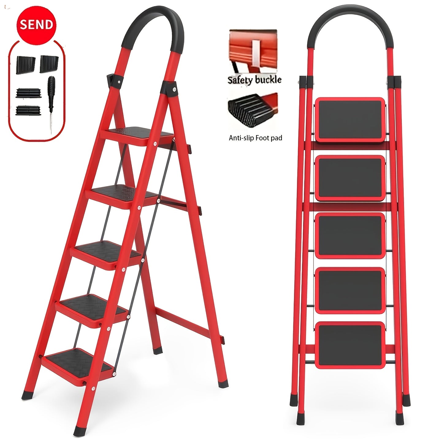 Heavy-duty 5-step Red Portable Folding Ladder, 500 Lbs Weight Capacity, Durable Plastic Folding Ladder with Non-slip Steps, Lightweight And Portable, Suitable for Both Household And Industrial Use