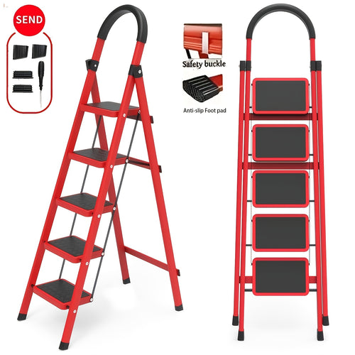 Heavy-duty 5-step Red Portable Folding Ladder, 500 Lbs Weight Capacity, Durable Plastic Folding Ladder with Non-slip Steps, Lightweight And Portable, Suitable for Both Household And Industrial Use