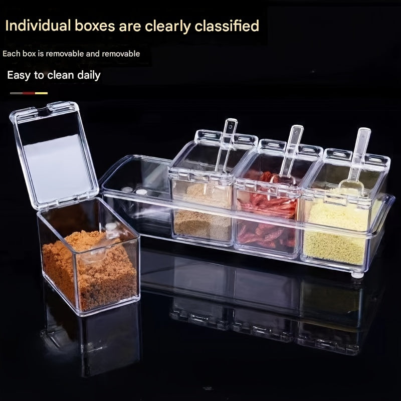 4pcs Kitchen Seasoning Storage Box - Transparent Multi Grid Moisture Proof with Lid Seasoning Storage Box, Essential for Home and Apartment Use