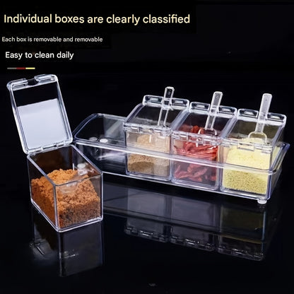 4pcs Kitchen Seasoning Storage Box - Transparent Multi Grid Moisture Proof with Lid Seasoning Storage Box, Essential for Home and Apartment Use