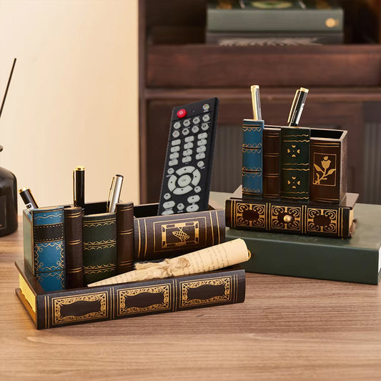 A Single Vintage Pen Holder Designed As a Creative Organizer for Remote Controls, Resembling a Book. This Wooden Pen Holder Features a Drawer And Serves As a Decorative Ornament for The Desktop, Making It a Charming Gift in a Retro Style