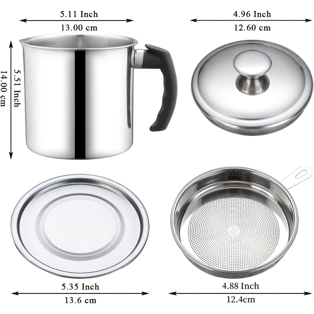 1pc Kitchen Grease Container with Strainer, BPA Free Stainless Steel, Round Shape, Hand Wash Only, Easy Pour Handle, for Storing Cooking Oils and Fats, Essential Kitchen Accessories