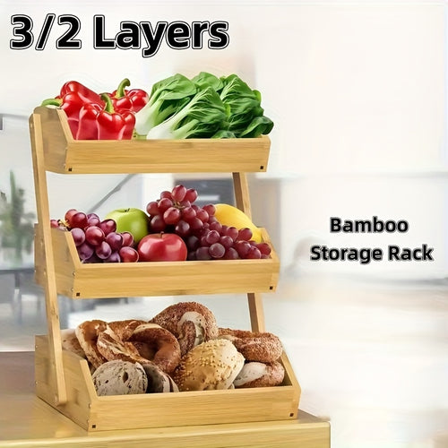 3 Layer Or 2 Layer Bamboo Fruit Storage Rack, Equipped with 2 Hooks, Suitable for Fruit Display Cases in Stores, Fruit Racks in Markets, Kitchen Spice Racks, Vegetable Organizing Racks, And Bread Counter Shelve, Shelf Baskets