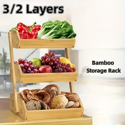 3 Layer Or 2 Layer Bamboo Fruit Storage Rack, Equipped with 2 Hooks, Suitable for Fruit Display Cases in Stores, Fruit Racks in Markets, Kitchen Spice Racks, Vegetable Organizing Racks, And Bread Counter Shelve, Shelf Baskets