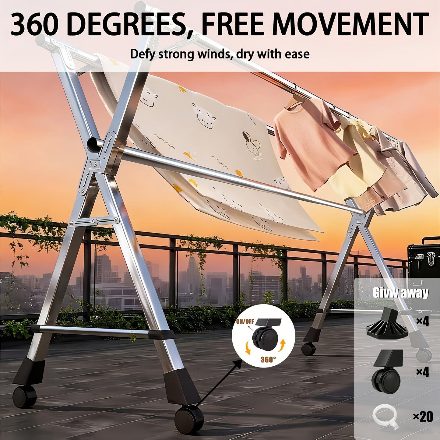 [Foldable Clothes Drying Rack] A Space-saving Foldable Clothes Drying Rack Equipped with an Extendable Rod and Windproof Hooks. Suitable for Both Indoor and Outdoor Use, It Can Be Used to Dry Clothes, Bedding, and S. A High-capacity Metal Drying Rack