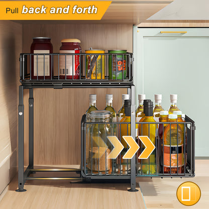 [1pc Black Pull Out Drawer] 1pc Black Pull Out Drawer For Kitchen Cabinet, 2-Tier No Drill Roll Out Organizer, Space-Saving Cabinet Organizer For Home Kitchen Use, Slide Out Shelves For Pantry Storage