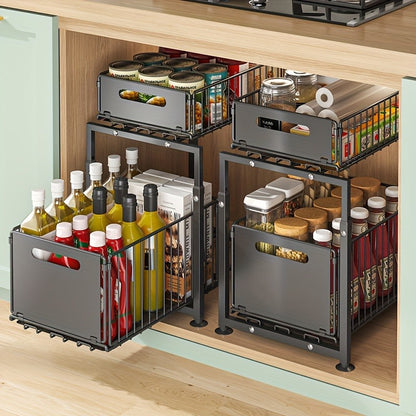 2-Tier Pull-Out Organizers, Space-Saving 2-Tier Under Sink Organizer with Adjustable Height, Sturdy Carbon Steel, Kitchen Storage Shelf, Space-Saving Cabinet Organizer, Kitchen Organizers And Storage