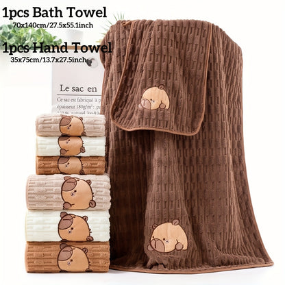 Cute Capybara Face 2pcs Bath Towel Set, Super Soft Coral Fleece, 34X74In Towel And 70X140In Bath Sheet, Ultra Absorbent Quick-Dry Bath Towels for Spa, Gym, Hotel, Guest Bathroom