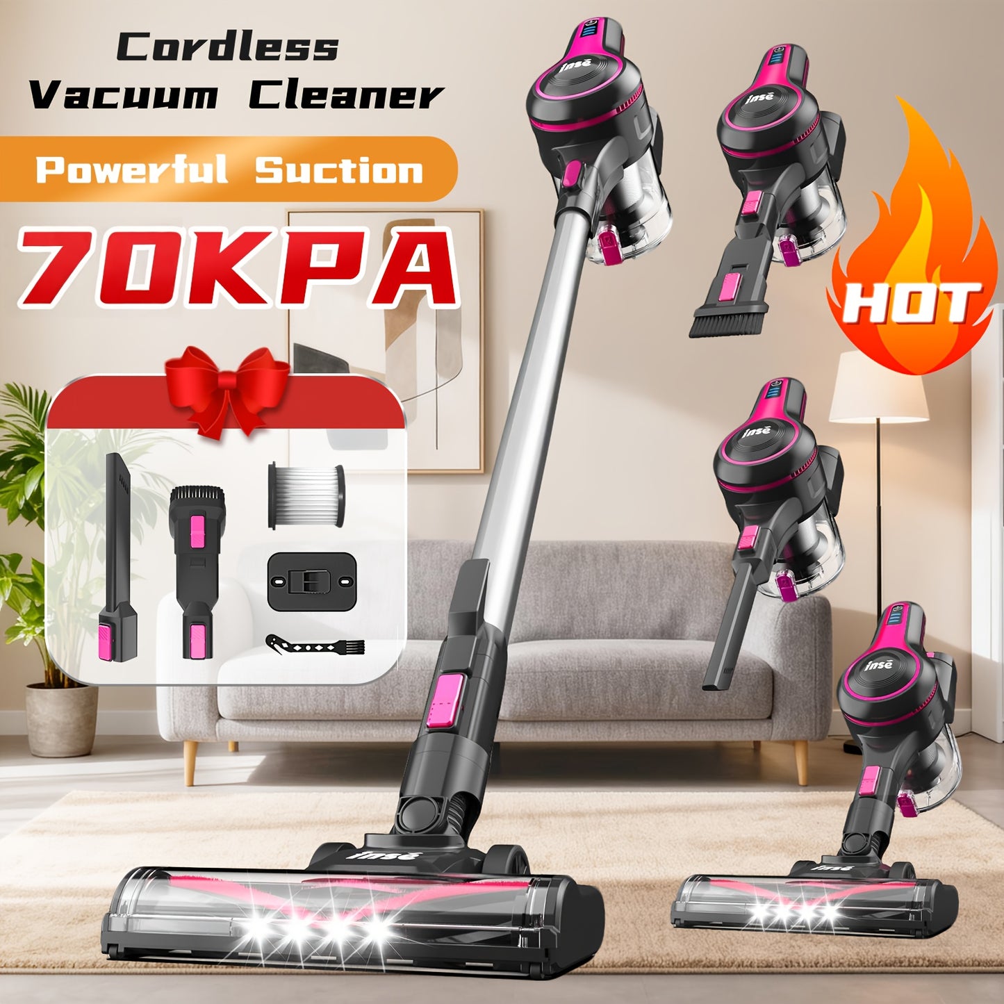 Vacuum Cleaner Cordless & Corded 2-in-1, INSE 35-70KPA Powerful Suction 6-in-1 Handheld Vacuum with Detachable Battery, 45-Min Runtime, 50.5oz Dust Cup, LED Brush – For Home Hardwood Floor Carpet Pet Hair