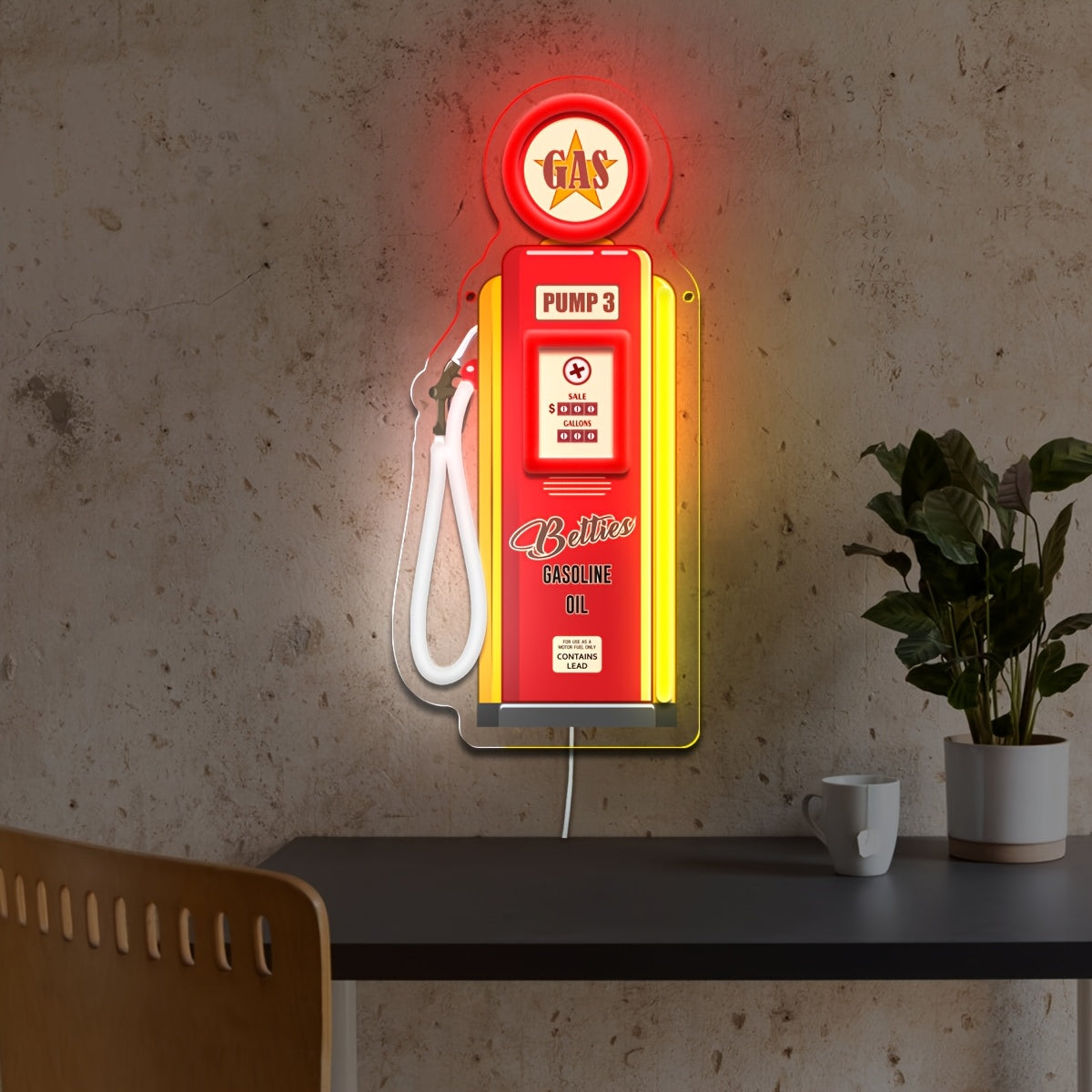 Retro Betz Gasoline Pump Neon Sign, USB Powered Wall Hanging Light with Switch Control, Multipurpose UV Reactive Art for Bedroom, Bar, and Festival Decor, No Battery Required