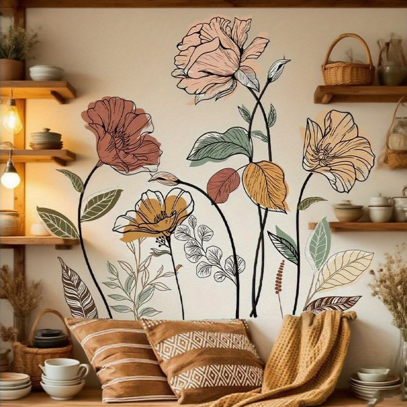 Bohemian Floral Wall Decals Featuring Wildflowers, Perfect for Decorating Living Rooms And Bedrooms. These Self-Adhesive Stickers Include Designs of Flowers And Fruits, Ideal for Enhancing The Walls of Your Living Space And TV Area