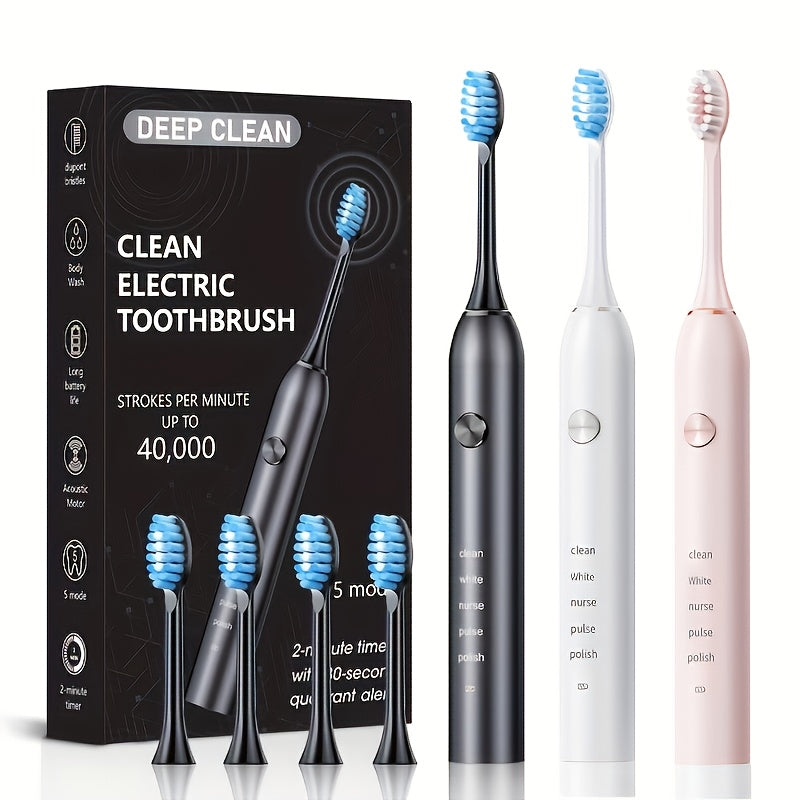 Sonic Electric Toothbrush – 5 Vibration Modes, Soft Bristle, Type-C Fast Charging, Waterproof, Deep Clean & Teeth Whitening Rechargeable Power Toothbrush for Men & Women, 4 or 8 Brush Heads