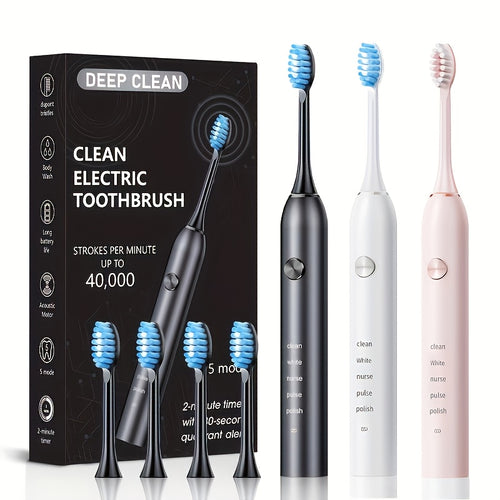 Sonic Electric Toothbrush – 5 Vibration Modes, Soft Bristle, Type-C Fast Charging, Waterproof, Deep Clean & Teeth Whitening Rechargeable Power Toothbrush for Men & Women, 4 or 8 Brush Heads