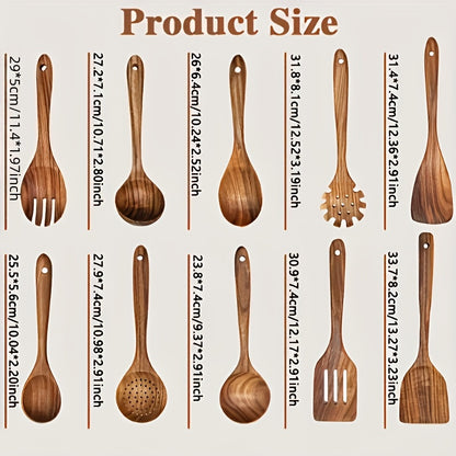 10pcs Premium Wooden Kitchen Utensil Set - Non-Stick Cookware Set, Ergonomic Handle, Natural Wooden Spoon, Spoon, Spoon And Nonstick Spoon, Heat-resistant, Easy to Clean, Kitchen Essentials