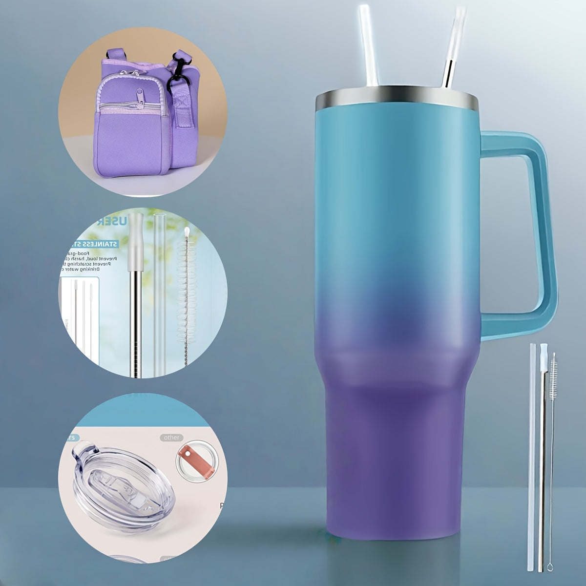 40 Oz Insulated Tumbler with Carry Bag And Handle, Stainless Steel Thermos with Straw Lid, Great for Home Office, Car Travel, Straw Or Spout Lid, Gym Water Bottle Travel Mug, Works with Ice Cubes, Water Bottle