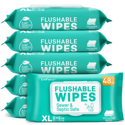 Lotfancy Extra Large Flushable Wet Wipes, Thickened Butt Wipes, 3/6 Packs X 48 Ct, 144/288 Wipes, Septic & Sewer Safe, Quick-Dispersing, No Alcohol, Plant-Based Fibers - Flushable Toilet, Personal & Household Cleaning Wipes
