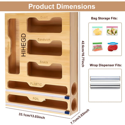 Bamboo Wrap Dispenser 6-in-1 Kitchen Organizer – Built-In Cutter, 6-Grid Storage Box for Plastic Wrap, Aluminum Foil & Bags, Space-Saving Drawer Organizer for Pantry & Kitchen Counter