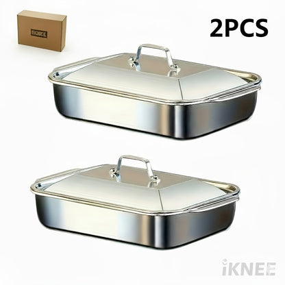 4-piece Set: 2 Deep Pans and 2 Lidded Pans with Handles, Stainless Steel Rectangular Baking Pans with Steel Lids - 6-liter Large Capacity, 16.14-inch Deep Baking Pan, Fish Pan, Roasting Pan, Lasagna Pan, Chicken, Dishwasher Safe, Gift for Men