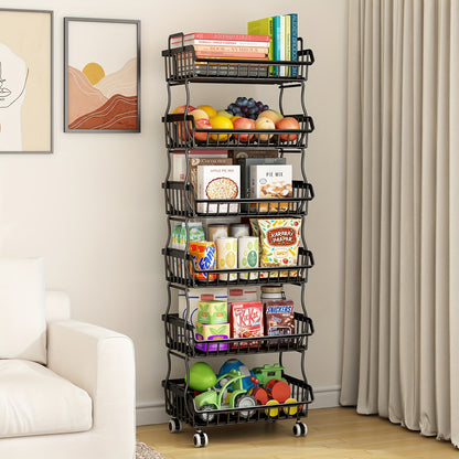 6-Tier Stackable Metal Wire Storage Basket Organizer with Wheels, Oblong Rectangular Design, Space-Saving Kitchen Pantry Organizer for Fruits, Vegetables, Utensils, Visible Open Shelf
