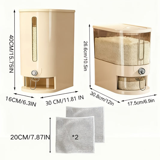 Large-Capacity Rice Container That Is Sealed, Moisture-Proof, And Insect-Proof, Available in 11 Lbs And 22 Lbs. It Includes a Measuring Cup And Features a Flip-Top Design, Made from Durable Food-Grade PET