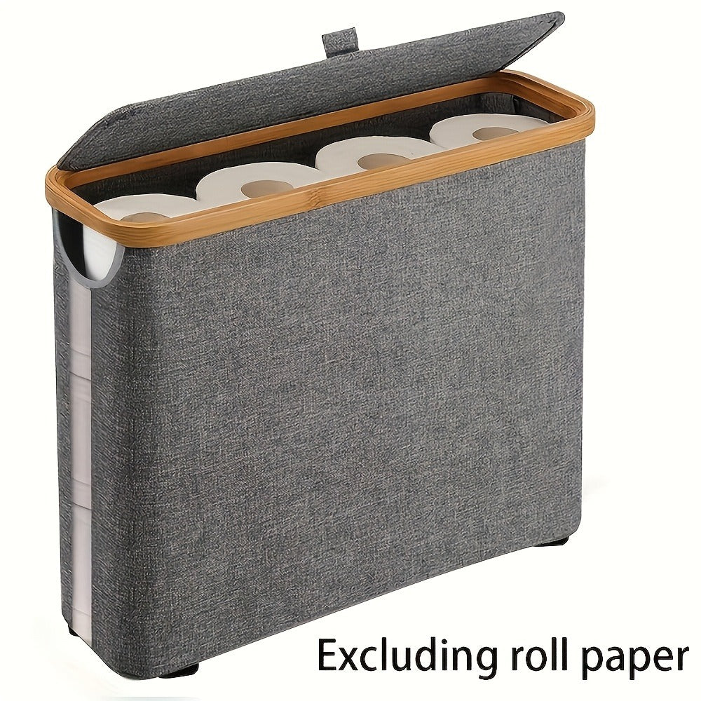 Toilet Paper Storage Basket with Bamboo Lid – Large Capacity Holds 9-12 Rolls | 600D Oxford Cloth Dustproof Bathroom Organizer | Modern Farmhouse Tissue Roll Holder for Bathroom
