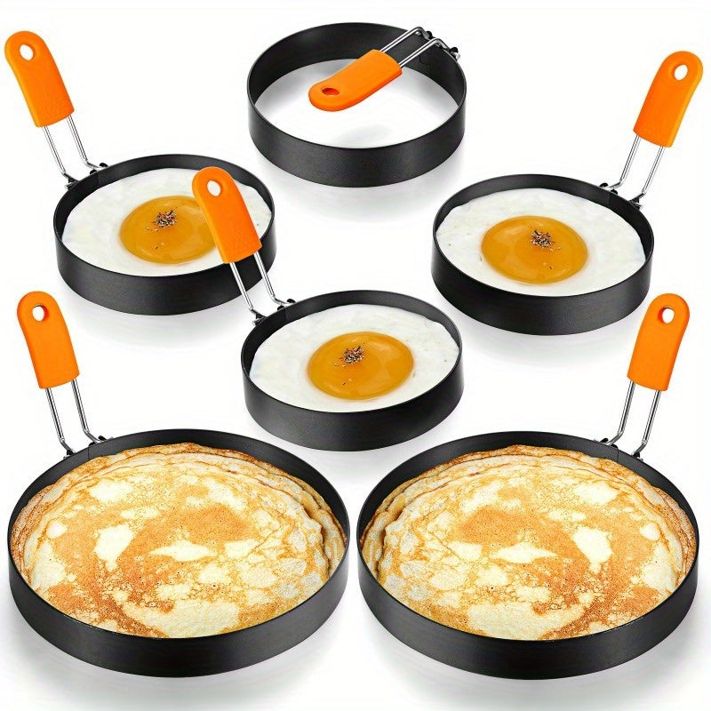 Professional Egg Ring & Pancake Ring Set - Heavy-Duty Non-Stick Breakfast Cookware with Orange Silicone Handle, Round Griddle Shapers for Omelettes, Sandwiches, Pancakes - Even Heating, Easy Flip & Clean, Durable Kitchen for Home & Commercial Use