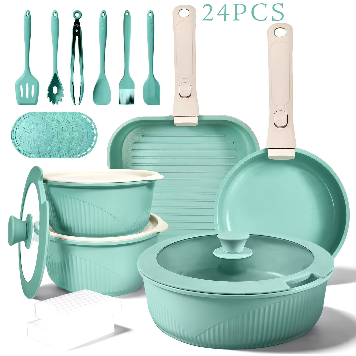24pcs/7pcs/5pcs Cookware Set Non-Stick Pots & Pans Induction-Ready Kitchen Cookware Set Includes Skillet/Frying Pan/Soup Pot/Steak Pan Removable Handles Home & RV Kitchen Set Stackable Kitchen Accessories Easy To Clean Multiple Colors