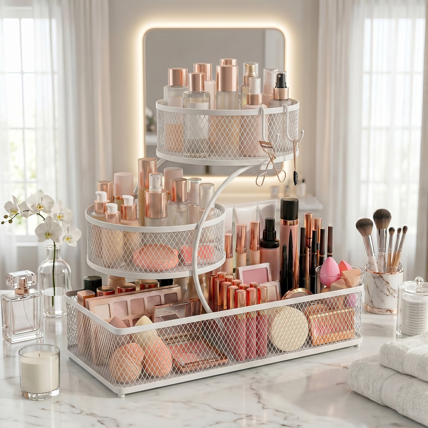 3-Tier Metal Bathroom Storage Rack, Includes A Spray Bottle | Hooks - Space-Saving Countertop Organizer for Cosmetics, Skincare, And Toiletries | Rust-Resistant Diamond Mesh Design | Sturdy And Durable, Suitable for Vanities, Bathrooms, Wardrobes