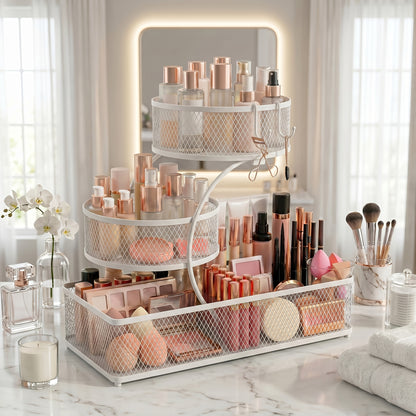 3-Tier Metal Bathroom Storage Rack, Includes A Spray Bottle | Hooks - Space-Saving Countertop Organizer for Cosmetics, Skincare, And Toiletries | Rust-Resistant Diamond Mesh Design | Sturdy And Durable, Suitable for Vanities, Bathrooms, Wardrobes