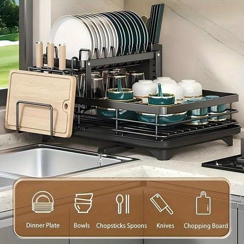 Dish Drying Rack, 2-Tier Dish Racks for Kitchen Counter, Dish Rack with Drainboard & Mat, Dish Drainer with Knife, Fork & Cup Rack, Gifts for Women, Mothers Day, Cool Stuff & Kitchen Gadgets