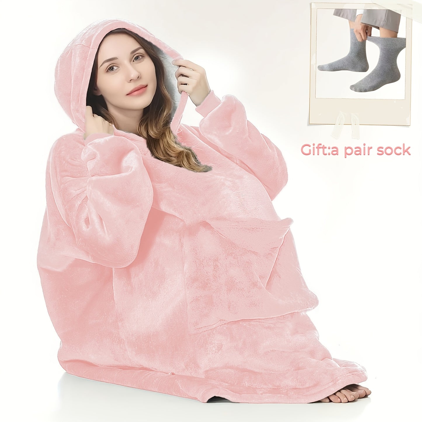 Plus-size Ultra-soft Reversible Wearable Hooded Blanket, Includes a Pair of Winter Socks, Comfortable Oversized Hooded Blanket with Kangaroo Pocket, Bedding, Winter Coat, Machine Washable, Christmas/Valentine's Day/New Year's Gift, Can Be Used as a